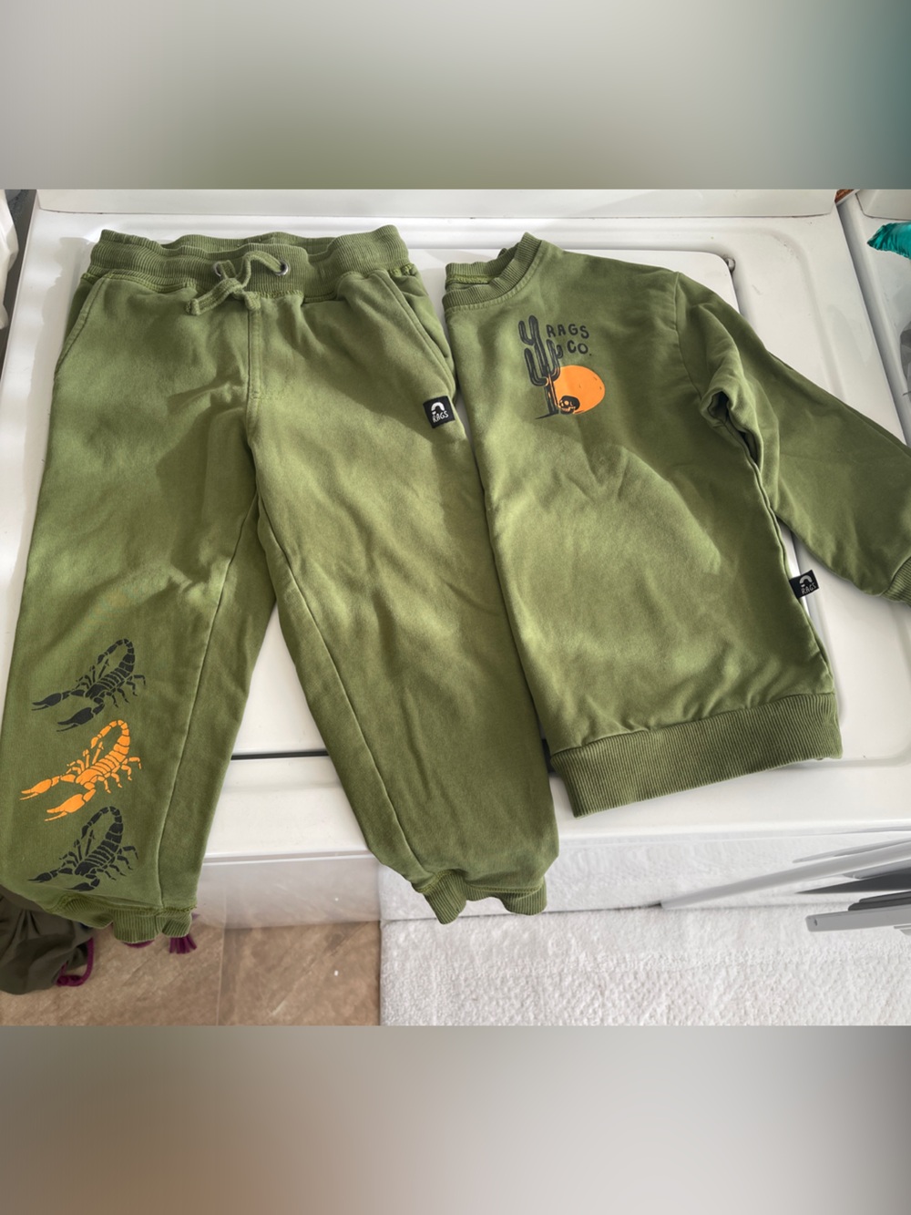 Olive Green Kids Sweatshirt & Jogger Set with Scorpion and Sun Graphics